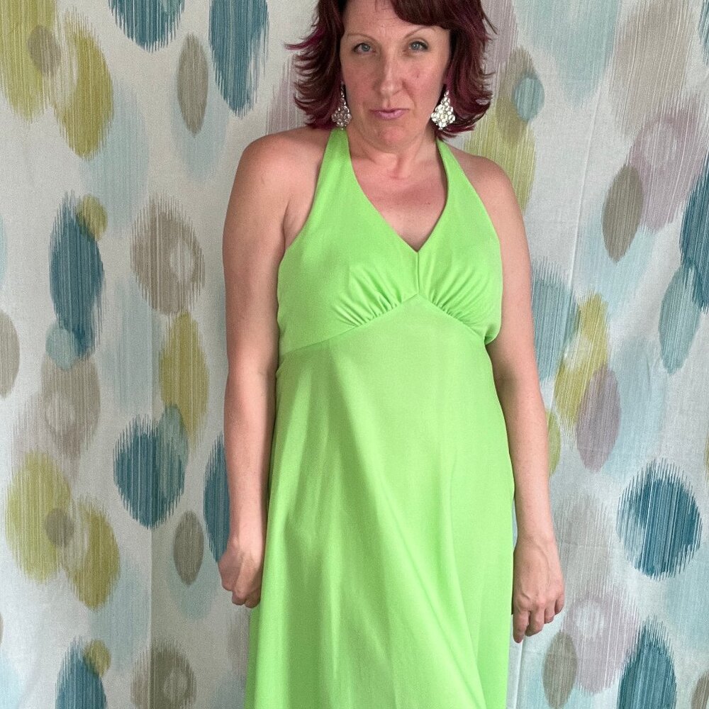 70s Green Maxi Halter Dress mod Open Back Long Summer vintage sexy one of a kind